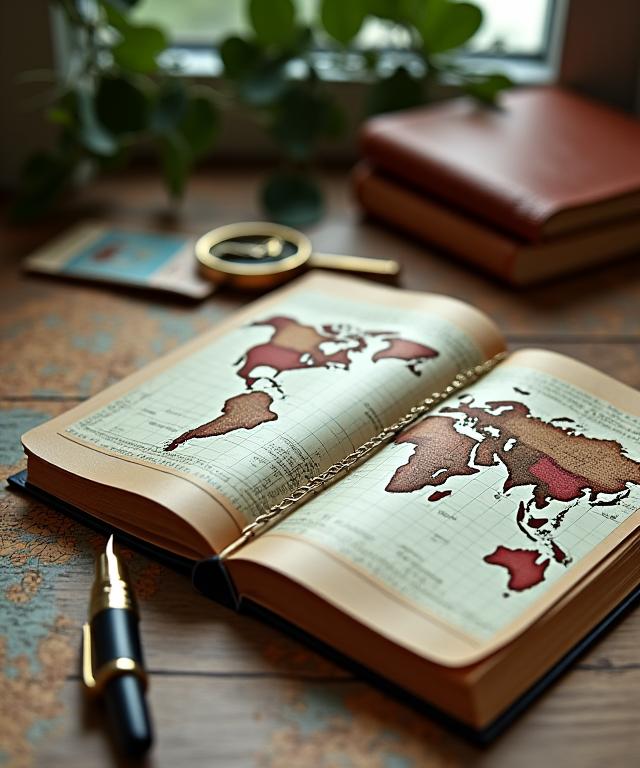 A travel planner's desk with a vintage map, compass, and journal, symbolising meticulous planning.