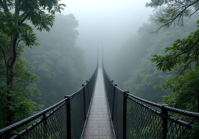 A hanging bridge in the misty cloud forests of Monteverde, Costa Rica.