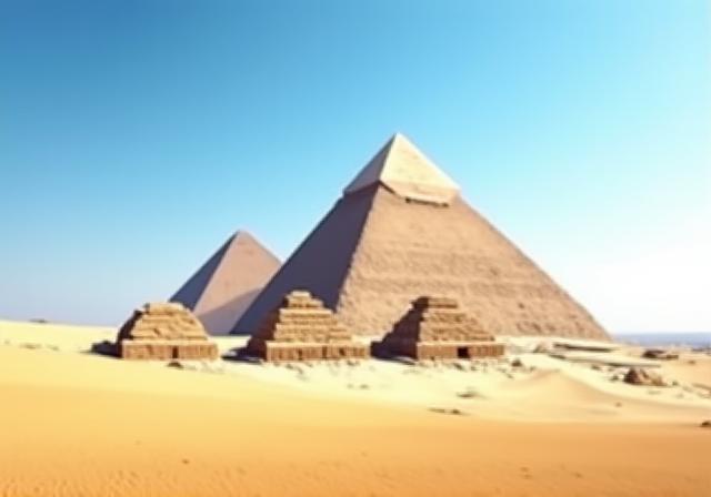 The Great Pyramids of Giza against a desert backdrop in Egypt.