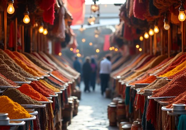A vibrant and colorful souk market in Marrakech, Morocco.