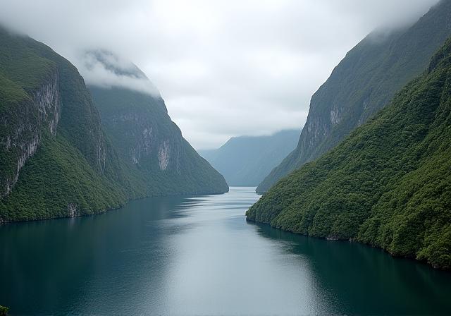 Lush green hills and fiords of Milford Sound, New Zealand.
