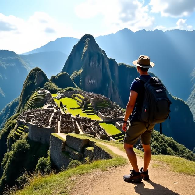 A hiker looking over the ancient ruins of Machu Picchu.