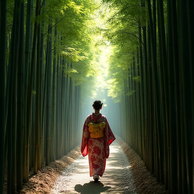 A person in traditional kimono walking through a bamboo forest in Kyoto.