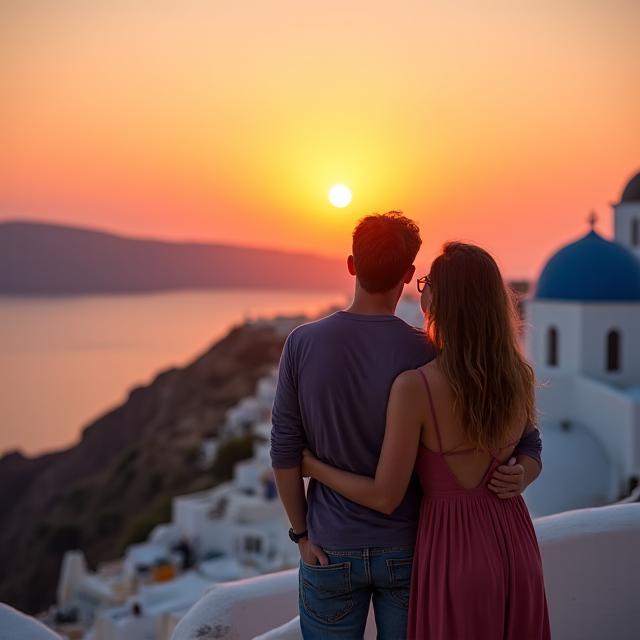 A couple watching the sunset over the white-washed buildings of Santorini.