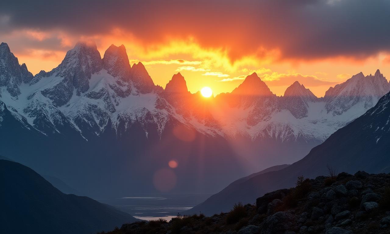 Dramatic sunrise over the snow-capped mountains of Patagonia.